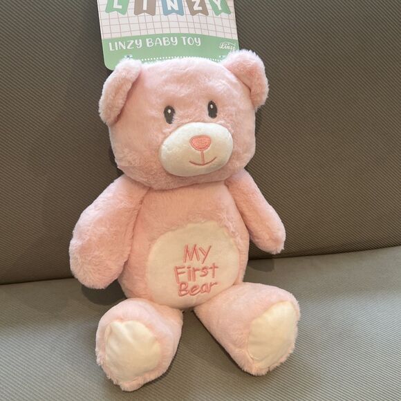 Linzy Baby Pink My First Bear Rattle Plush Toy Embroidered Stuffed Animal 15” - Picture 5 of 13